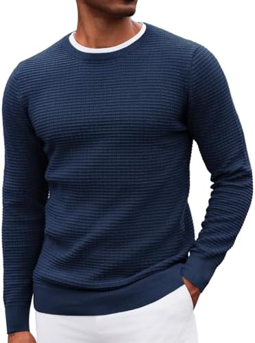 COOFANDY Mens Crewneck Pullover Sweater Lightweight Fitted Long Sleeve Dress Sweater with Jacquard Pattern - Görsel 1
