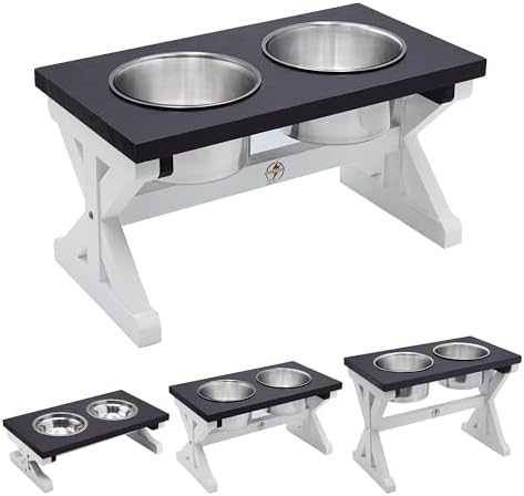Elevated Dog Bowls 9 inch high for Small Dogs Modern Bamboo Waterproof and Strong Base Elevated Dog Feeder Two 18oz Stainless Steel Bowls for Dogs Less Than 40lbs (Check Corrected Video Installation) - Görsel 1