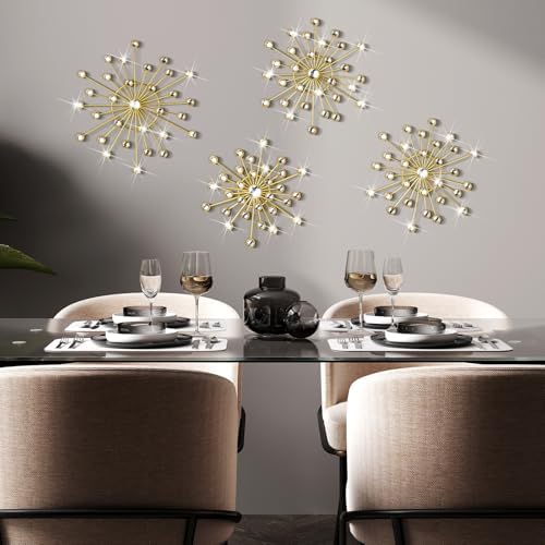 Blulu 4 Pcs Metal Wall Art Bling Crystal Home Decor Cast Iron Rhinestones Sunburst Wall Decor Starburst Wall Art Wall Hanging Diamond Accents Home Decorative for Bedroom Living Room Entryway(Gold) - Görsel 3