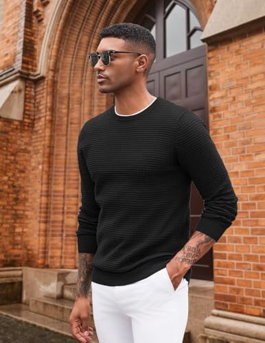 COOFANDY Mens Crewneck Pullover Sweater Lightweight Fitted Long Sleeve Dress Sweater with Jacquard Pattern - Görsel 2