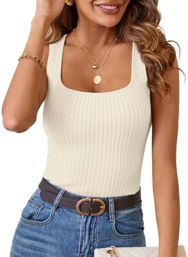MEROKEETY Women's Ribbed Tank Tops Knit Square Neck Sleeveless Shirts Summer Casual Basic Tanks - Görsel 1