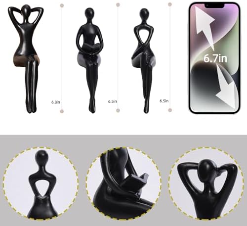 Quoowiit Black Decor Thinker Statue Book Shelf Decor, Minimalist Modern Home Decor Collectable Figurines Office Decor Desk Decor Unique Coffee Table Decorations for Living Room 3 Piece - Görsel 4