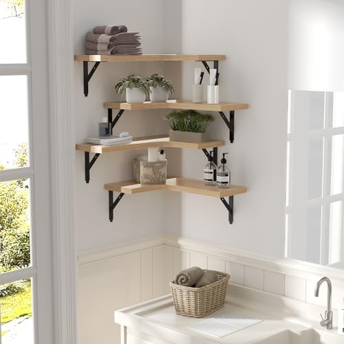 Corner Floating Shelves Wall Mounted Set of 4, Rustic Wood Storage Display Wall Shelves for Home Decor, Bathroom, Kitchen, Bedroom, Living Room, Office (Natural) - Görsel 6