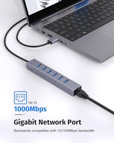 7 Ports USB 3.0 Hub, USB to Network HUB with 6 USB 3.0 Data Transmission, Gigabit Ethernet Port and 5V/3A Power Port,USB Aluminum Extension for Laptop, iMac, PC, USB Flash Drives etc - Görsel 5
