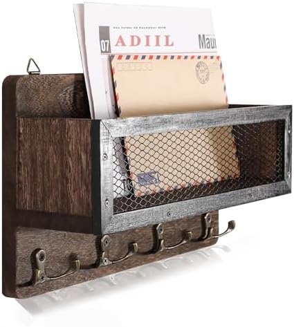 ADIIL Mail and Key Holder for Wall Decorative, Wooden Wall Key Rack Organizer with 4 Double Key Hooks, Wall Mount Key Hanger for Wall with Shelf, Rustic Home Decor for Entryway Hallway, Brown - Görsel 1