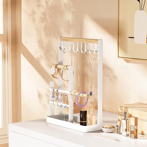 ProCase Jewelry Organizer Jewelry Stand Jewelry Holder Organizer, 4-Tier Necklace Organizer with Ring Tray, Small Cute Aesthetic Jewelry Tower Storage Rack Tree for Bracelets Earrings Rings -White - Görsel 7