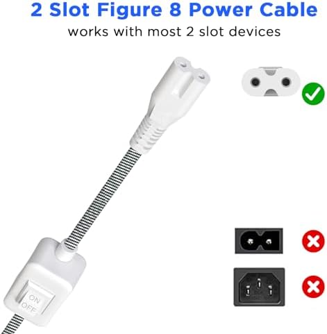Braided Power Cord with Switch 5ft, Power Supply Replacement AC Cable Flat Wall Plug 2 Prong, Figure 8 Extension Cord for TV, Monitor, Charger, PlayStation, Xbox and Other Electronic Gadgets, White - Görsel 3