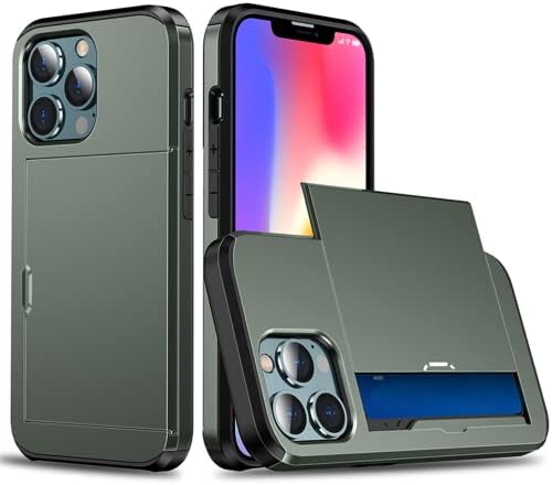 iPhone 13 Pro Case Wallet - Shockproof Credit Card Holder Cellphone Protector - Minimalist Apple Product Phone Case (Dark Green) - Görsel 1