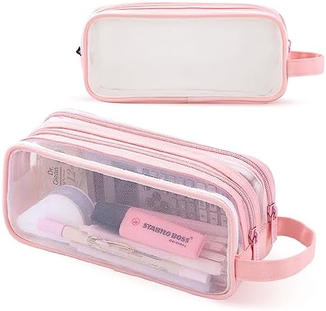iSuperb Clear Pencil Case Handheld Pen Bag Transparent Makeup Bag Multifunction Pencil Pouch for Business Travel Office Adult (Pink) - Görsel 1