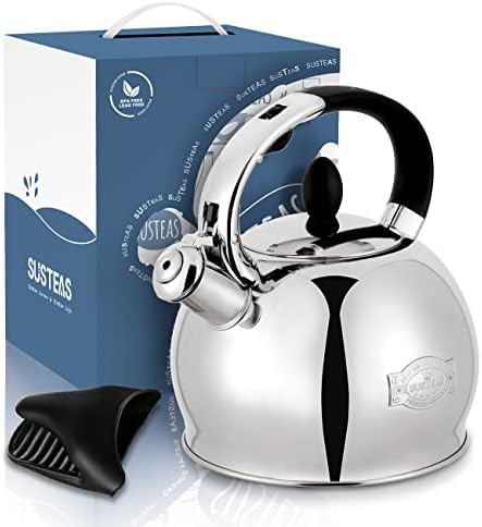 SUSTEAS Stove Top Whistling Tea Kettle-Surgical Stainless Steel Teakettle Teapot with Cool Touch Ergonomic Handle,1 Free Silicone Pinch Mitt Included,2.64 Quart(SILVER)