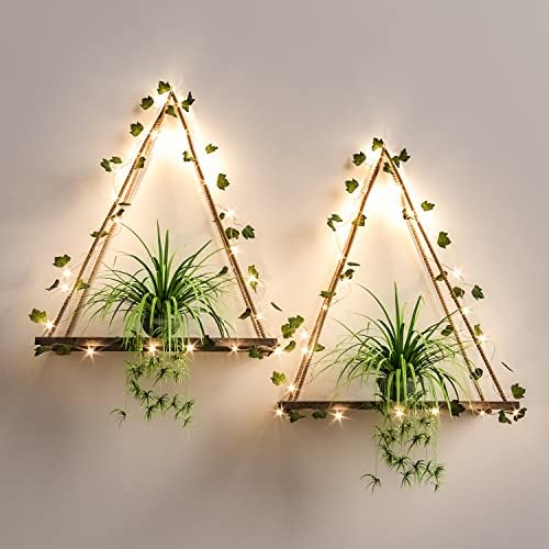 RICHER HOUSE Artificial Ivy LED-Strip Wall Hanging Shelves Set of 2, Macrame Shelf for Bedroom Bathroom Living Room Kitchen, Wood Hanging Plant Shelves for Wall Décor - Görsel 1