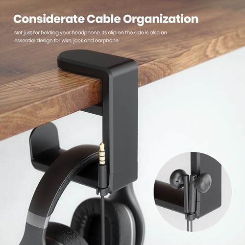 Rotating Headphone Stand - EURPMASK PC Gaming Headset Stand, Adjustable Clamp-on Headphone Holder, Headphone Hanger Hook Under Desk with 360 Degree Swivel&Cable Clip Organizer - Black - Görsel 6