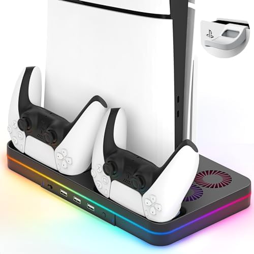 Ps5 Slim Console Cooling Station,Ps5 Slim(Disc & Digital Editions) Stand Accessories with 2 Cooling Fan&2 Controller Charging Station,Playstation 5 Cooling Stand with RGB Light,Headset Holder,3 USB - Görsel 1