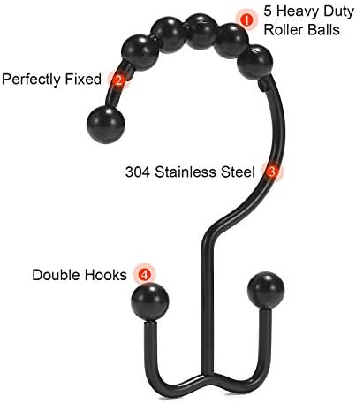 Shower Curtain Hooks, Goowin Shower Curtain Rings, Stainless Steel Black Shower Curtain Hooks, Shower Curtain Rings Rust Proof, Free Sliding Double Shower Hooks for Shower Curtain & Liners (Black) - Görsel 4