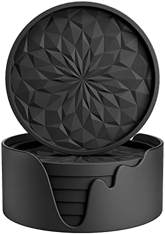ME.FAN Silicone Coasters [6 Pack] Coasters with Holder - Drinking Coasters - Cup Mat for Drinks - Live for Hot or Cold Drink Thickened, Non-Slip, Non-stick, Deep Tray Black - Görsel 1