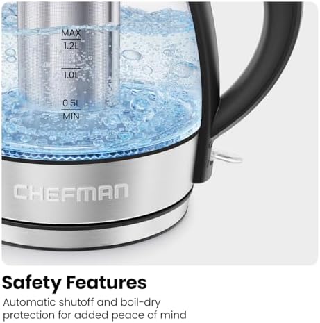 CHEFMAN Electric Kettle - 1.2L 1500W Hot Water Tea Pot with Tea Infuser, BPA Free, Auto Shut Off, Boil-Dry Protection, Removable Lid, LED Light, Cordless Glass Electric Tea Kettle – Stainless Steel - Görsel 5