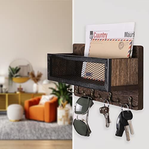 ADIIL Mail and Key Holder for Wall Decorative, Wooden Wall Key Rack Organizer with 4 Double Key Hooks, Wall Mount Key Hanger for Wall with Shelf, Rustic Home Decor for Entryway Hallway, Brown - Görsel 2