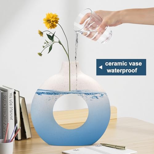White Ceramic Donut Vase Set of 2, Hollow Matte Pampas Flower Vases for Boho Home Wedding Party Room Dinner Table Shelf Decor.（White） - Görsel 7