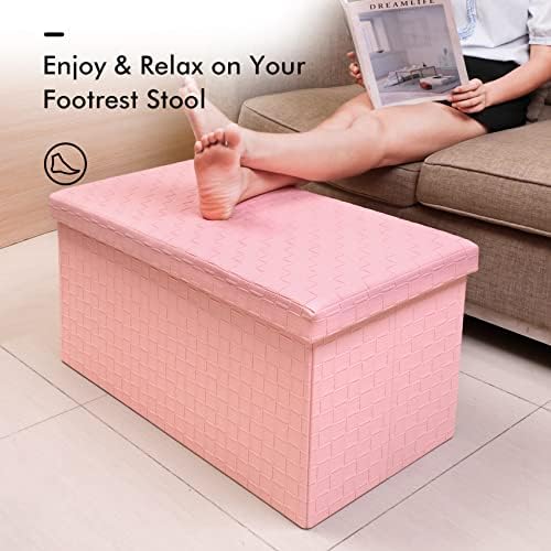 B FSOBEIIALEO Folding Storage Ottoman, Faux Leather Footrest Seat Long Bench Toy Box Chest for Girls, Pink 30"x15"x15" - Görsel 5