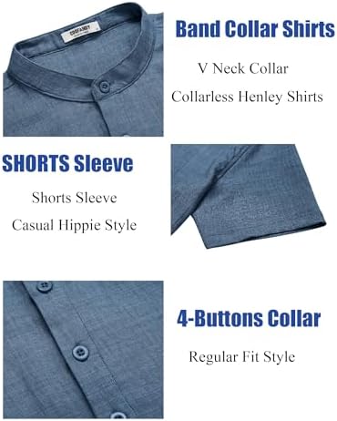 COOFANDY Men's Casual Henley Shirt Short Sleeve Summer Shirt Band Collar Summer Beach Hippie Shirts - Görsel 5