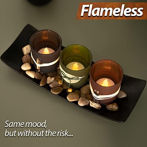 Dawhud Direct Decorative Votive Candle Holders, Vintage Decor Flameless Natural Candlescape Set, 3 LED Tea Light Candles, Rocks and Tray (Natural Earth Tones) - Görsel 4