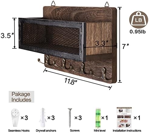 ADIIL Mail and Key Holder for Wall Decorative, Wooden Wall Key Rack Organizer with 4 Double Key Hooks, Wall Mount Key Hanger for Wall with Shelf, Rustic Home Decor for Entryway Hallway, Brown - Görsel 6