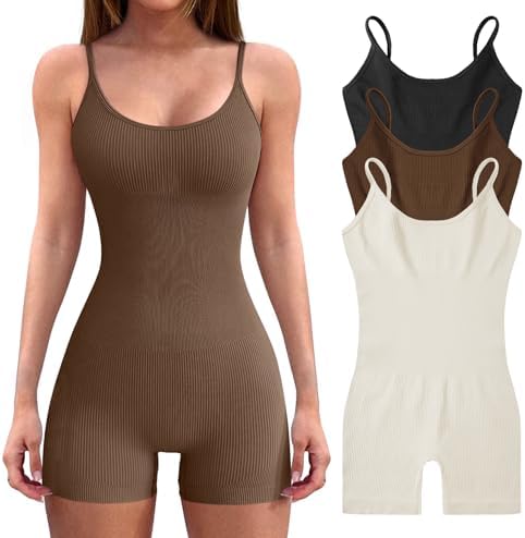 3pcs Women’s Bodysuit Yoga Workout Romper One Piece Outfits Ribbed Sleeveless Going Out Bodycon Jumpsuit Shorts - Görsel 1
