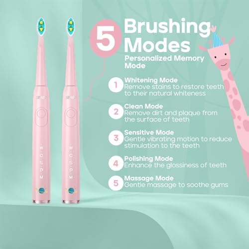Rechargeable Kids Electric Toothbrush 38,000 Vibrations Including Five Brushing Modes, Smart 2-Minute Timed 30-Second Reminder, Personalized Stickers,4 Soft Bristles(Pink) - Görsel 3
