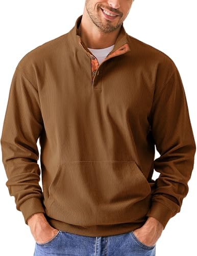 JMIERR Men's Corduroy Sweatshirt Casual Long Sleeve Stand Collar Button Pullover Sweatshirts with Pockets - Görsel 1