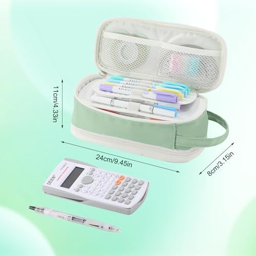 Pencil Case Large Zipper Pencil Pouch for Girls Kids Teens Adults Aesthetic Pencil Bag Stationery Organizer Pen Pencil Case with Handle for School Green - Görsel 2