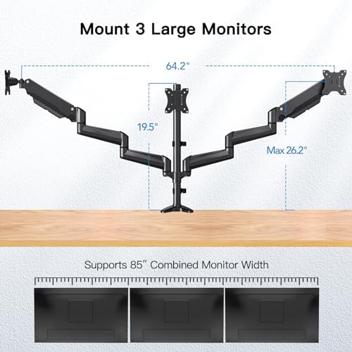 HUANUO Triple Monitor Mount for 17 to 32 inch Screens, Gas Springs Adjustment Triple Monitor Stand with Swivel, Tilt, Rotation, Clamp & Grommet Kit (Black) - Görsel 3