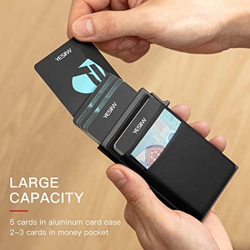 YESIIW Slim Wallet for Men - Pop up Card Holder RFID Blocking Minimalist Business Credit Card Wallet with Money Pocket Metal Card Case for Notes and Coins and Debit Cards Black - Görsel 3