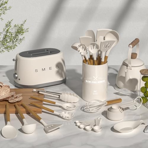Umite Chef Kitchen Cooking Utensils Set, 33 pcs Non-Stick Silicone Cooking Kitchen Utensils Spatula Set with Holder, Wooden Handle Silicone Kitchen Gadgets Utensil Set (Khaki) - Görsel 2