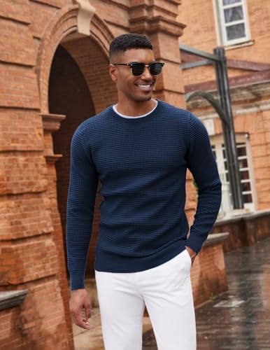 COOFANDY Mens Crewneck Pullover Sweater Lightweight Fitted Long Sleeve Dress Sweater with Jacquard Pattern - Görsel 3