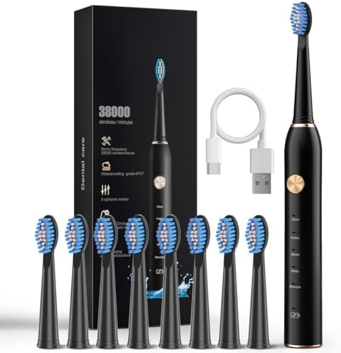 Sonic Electric Toothbrush for Adults, IPX7 Waterproof Sonicare 38000VPM, Fast Charge Long Last with Intelligent Time Reminder 5 Optional Modes Dupont Brush Heads, Black