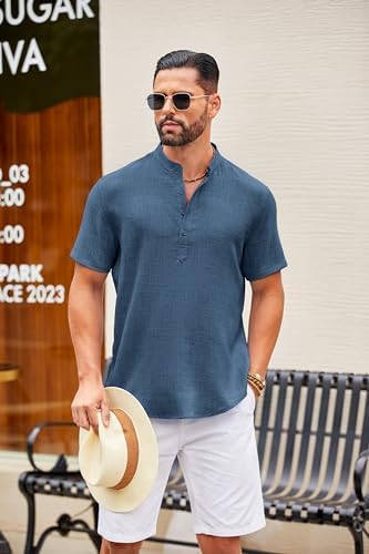 COOFANDY Men's Casual Henley Shirt Short Sleeve Summer Shirt Band Collar Summer Beach Hippie Shirts - Görsel 2