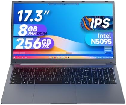 IJKKJI 17 inç dizüstü bilgisayar, 8 GB RAM 256 GB SSD dizüstü bilgisayar, Celeron Quad Core N5095 (2,9 GHz'e kadar), Almanca klavye, IPS FHD ekran, web kamerası, Dual-WLAN, Bluetooth 4.2, HDMI, USB