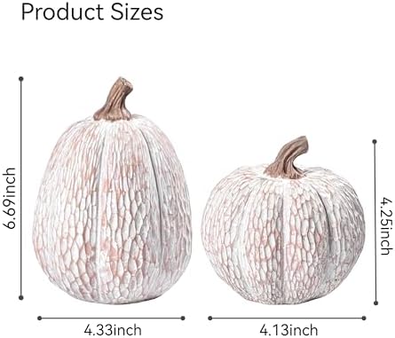 Artificial Pumpkin Decor, Brown and White Decorative Pumpkins, Thanksgiving Resin Pumpkin Figurine Set of 2, Carved Pumpkin Statues for Rustic Fall Tabletop Home Decor, Harvest, Wedding - Görsel 6