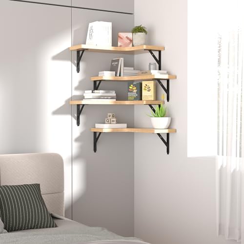 Corner Floating Shelves Wall Mounted Set of 4, Rustic Wood Storage Display Wall Shelves for Home Decor, Bathroom, Kitchen, Bedroom, Living Room, Office (Natural) - Görsel 7
