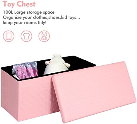 B FSOBEIIALEO Folding Storage Ottoman, Faux Leather Footrest Seat Long Bench Toy Box Chest for Girls, Pink 30"x15"x15" - Görsel 2