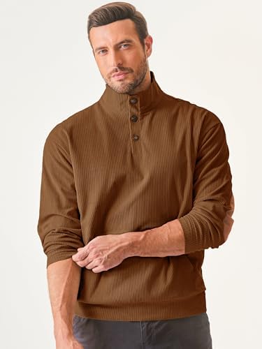 JMIERR Men's Corduroy Sweatshirt Casual Long Sleeve Stand Collar Button Pullover Sweatshirts with Pockets - Görsel 5