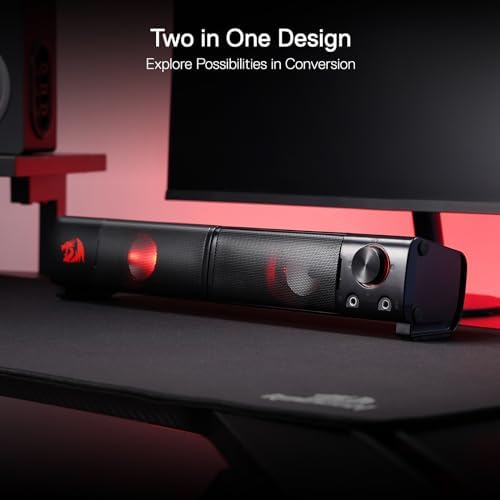 Redragon GS550 PC Gaming Speakers, 2.0 Channel Desktop Computer Sound Bar with Compact Maneuverable Size, Headphone Jack, Quality Bass & Decent Red Backlit, USB Powered w/ 3.5mm Cable - Görsel 5