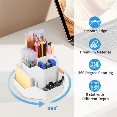 Desk Pen Holder, 9 slot, 360 Degree Rotating Desk Pen Organizer for Teacher Office Supply, Biege - Görsel 7