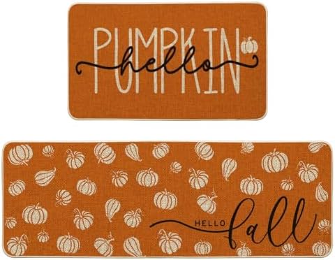 Artoid Mode Orange Hello Pumpkin Fall Kitchen Mats Set of 2, Autumn Home Decor Low-Profile Kitchen Rugs for Floor - 17x29 and 17x47 Inch - Görsel 1