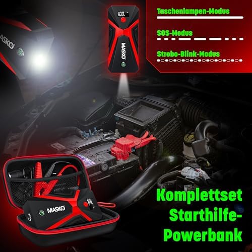 MASKO® Marş yardımı Powerbank araç 3000 A azami akım 24000 mAh (8,0 l benzin veya 8 l dizel kadar) LED el fenerli, 12 V araçlar, akü başlatıcı, SUV, motosiklet, ATV, çim biçme makinesi için, eldiven - Görsel 4