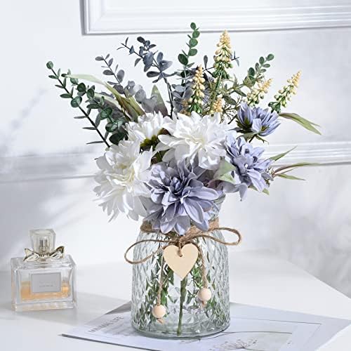Fake Flowers Artificial Blue Flowers with Vase, Table Centerpieces for Dining Room, Silk Flower Arrangements for Home, Living Room Bathroom Plant Decor, Centerpiece Table Decorations - Görsel 1