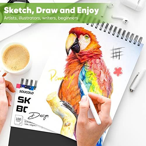 Soucolor 9" x 12" Sketch Book, 1-Pack 100 Sheets Spiral Bound Art Sketchbook, (68lb/100gsm) Acid Free Artist Drawing Book Paper Painting Sketching Pad for Kids Students Adults Beginners - Görsel 6