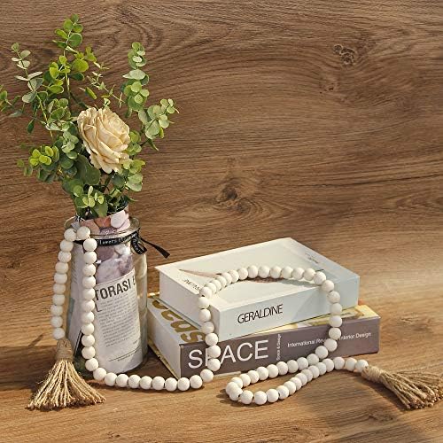 58in Wood Bead Garland with Tassels,Farmhouse Beads Rustic Country Decor Prayer Boho Beads Wall Hanging Decoration (Nature) - Görsel 4