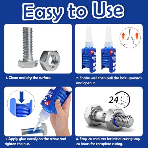 Thread Lock Bule, 243 Medium Strength Lock Tight Threadlocker Anti-Rust&Loosening, Lock Tight for Gap Filling and Tighten Bolts Nuts Fasteners 50ml Round Bottle - Görsel 4