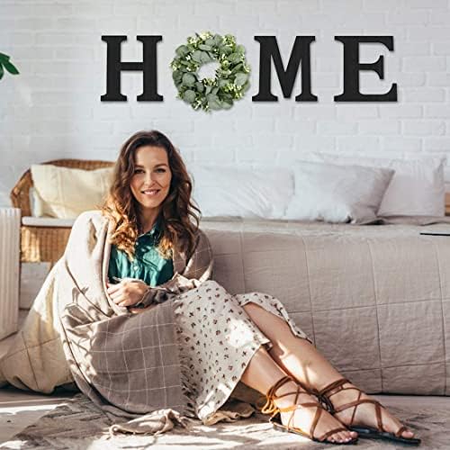 Wood Home Sign with Artificial Eucalyptus Wreath for O, Hanging Farmhouse Wall House Decor Wood Home Letters for Wall Art Rustic Home Decor, Home Wall Decor for Living Room Kitchen Entryway - Görsel 3